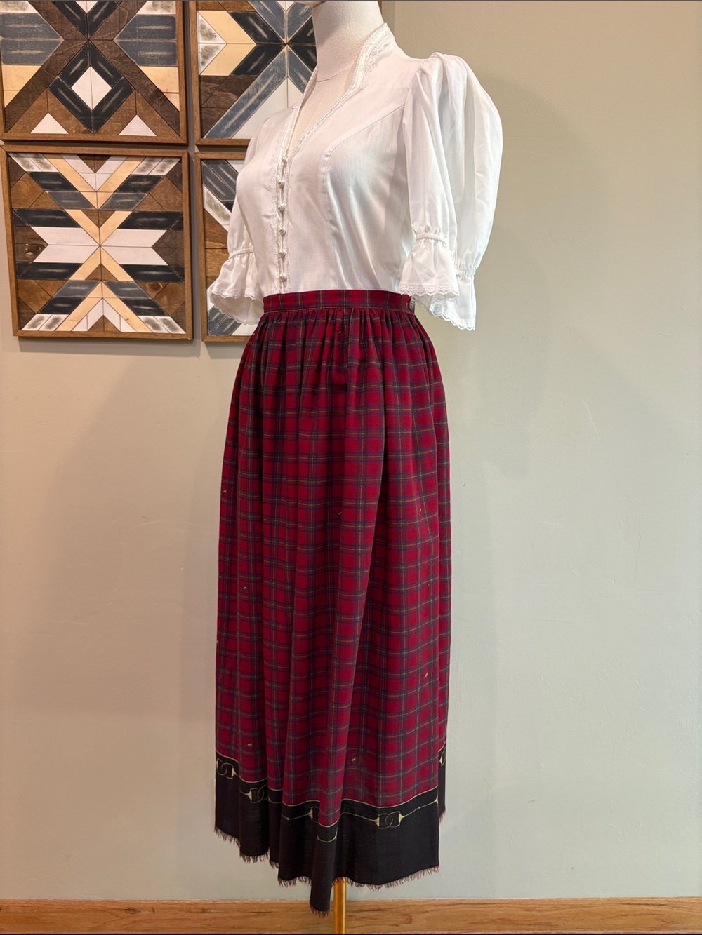 Vintage Ralph Lauren Red Plaid Wool Pheasant Equestrian Maxi Skirt Medium 12 - Picture 6 of 14
